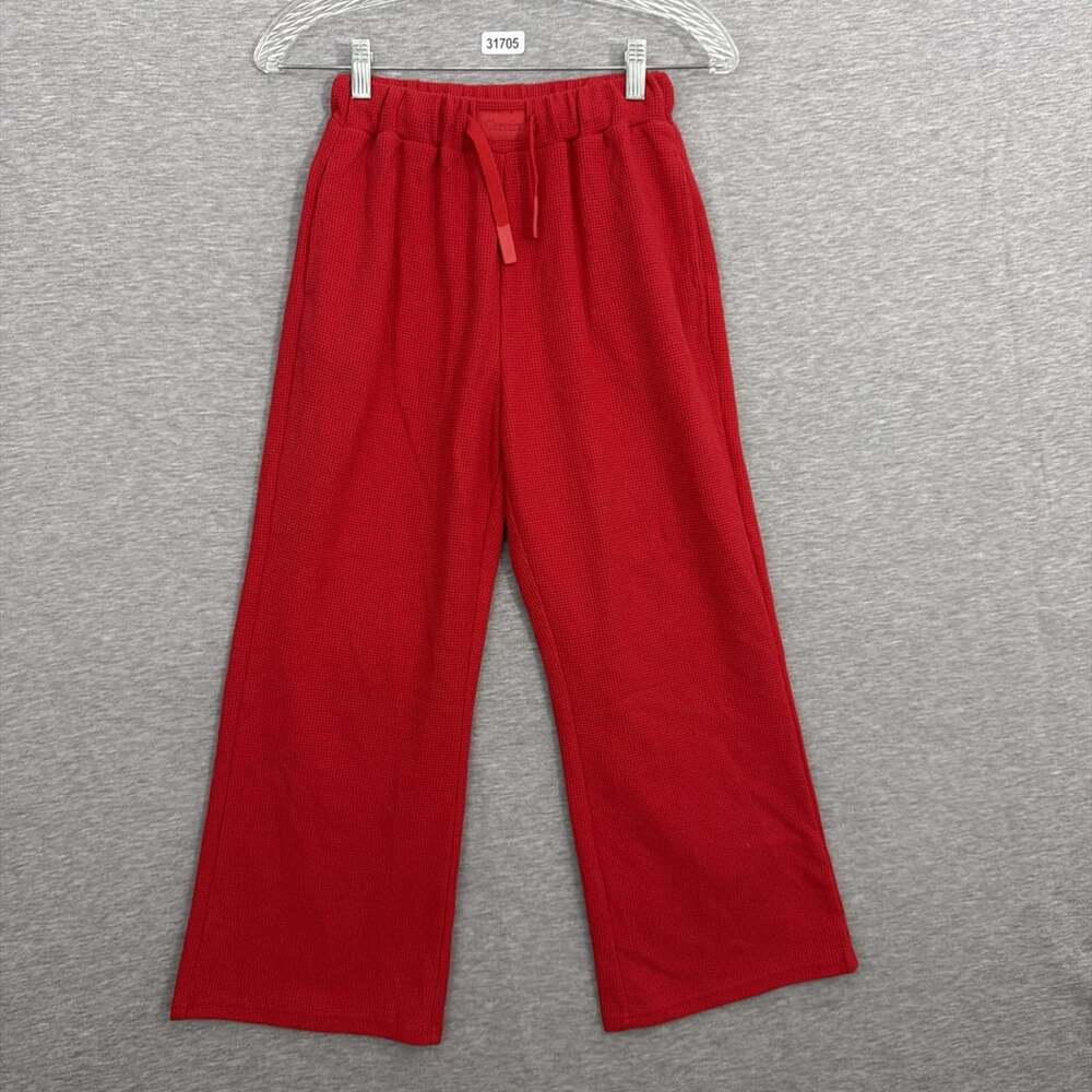 Comfrt Womens Size Large Red Waffle Knit Wide Leg Crop Elastic Sweatpants